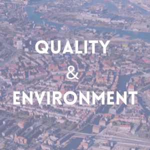 Quality and Environment Button, Back ground shows an image of industrial environment, purple overlay with quality & environment text written in white 