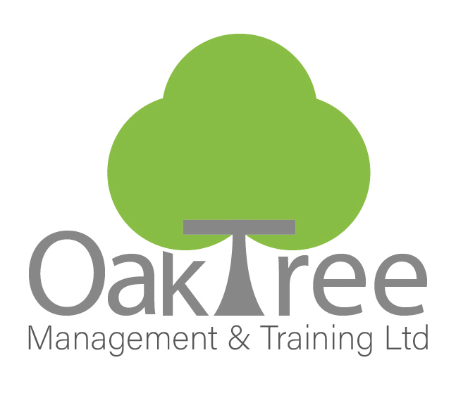 Oak Tree Logo - Grey writing with green tree. T goes within the green tree. Oak Tree Management & Training Ltd 