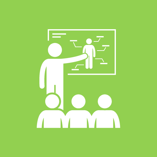 Standing leadership image, green back ground with image of people looking at a board 