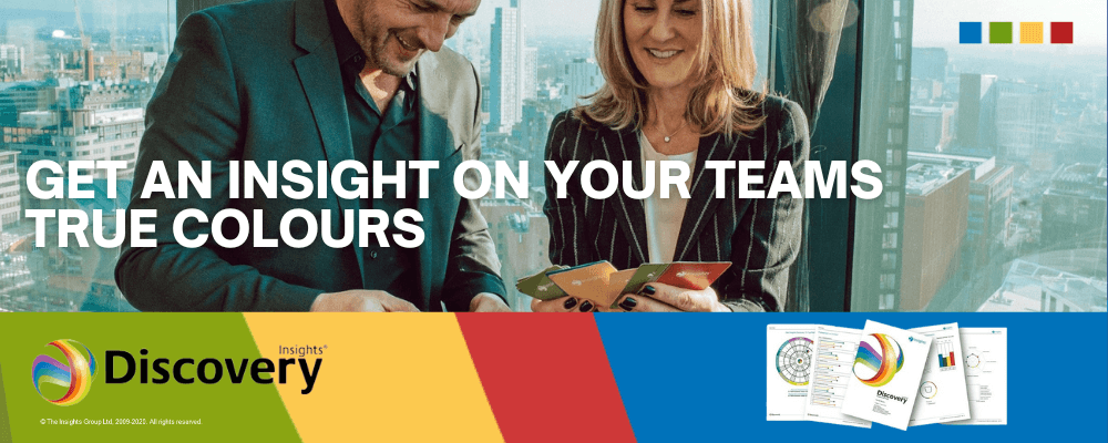 Insights Carrousel men and women looking at insights cards. Teams true colours 