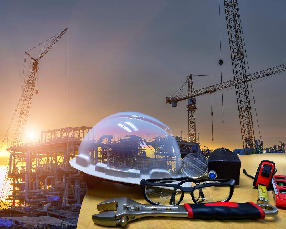 A construction site with 3 cranes, a building in the making. In front of the construction site in the bottom right side corner is zoomed in personal protective equipment on a table, there is a safety helmet, glasses, wrench, measuring tape and a torch.