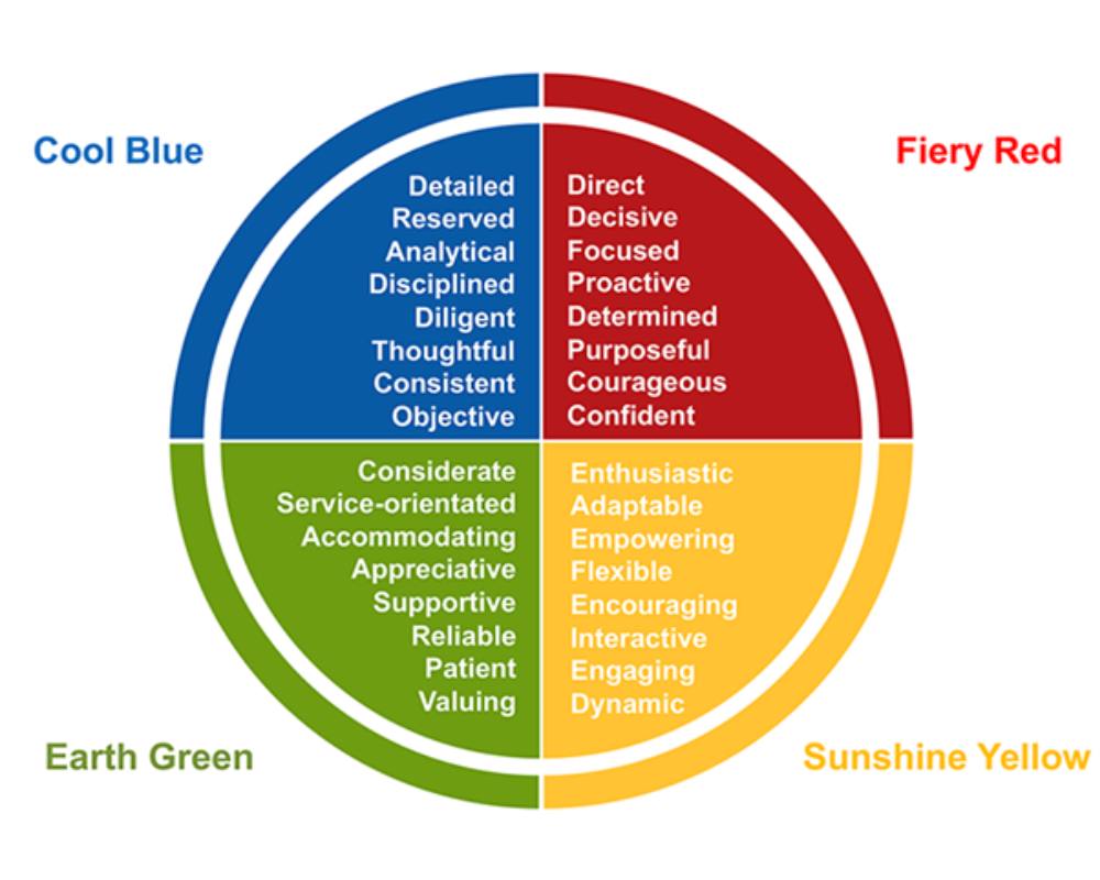 A circle separated into 4 different colours. Blue at the top left side, red in the top right side, yellow at the bottom right side and green at the bottom left side.
