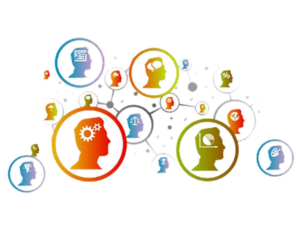 Circles with face icons inside in different colours.