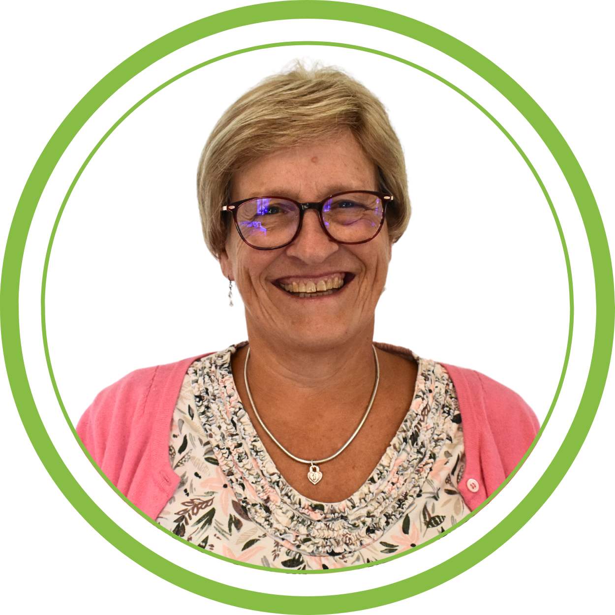 A picture of Becky, one of our trainers with a green circular frame.