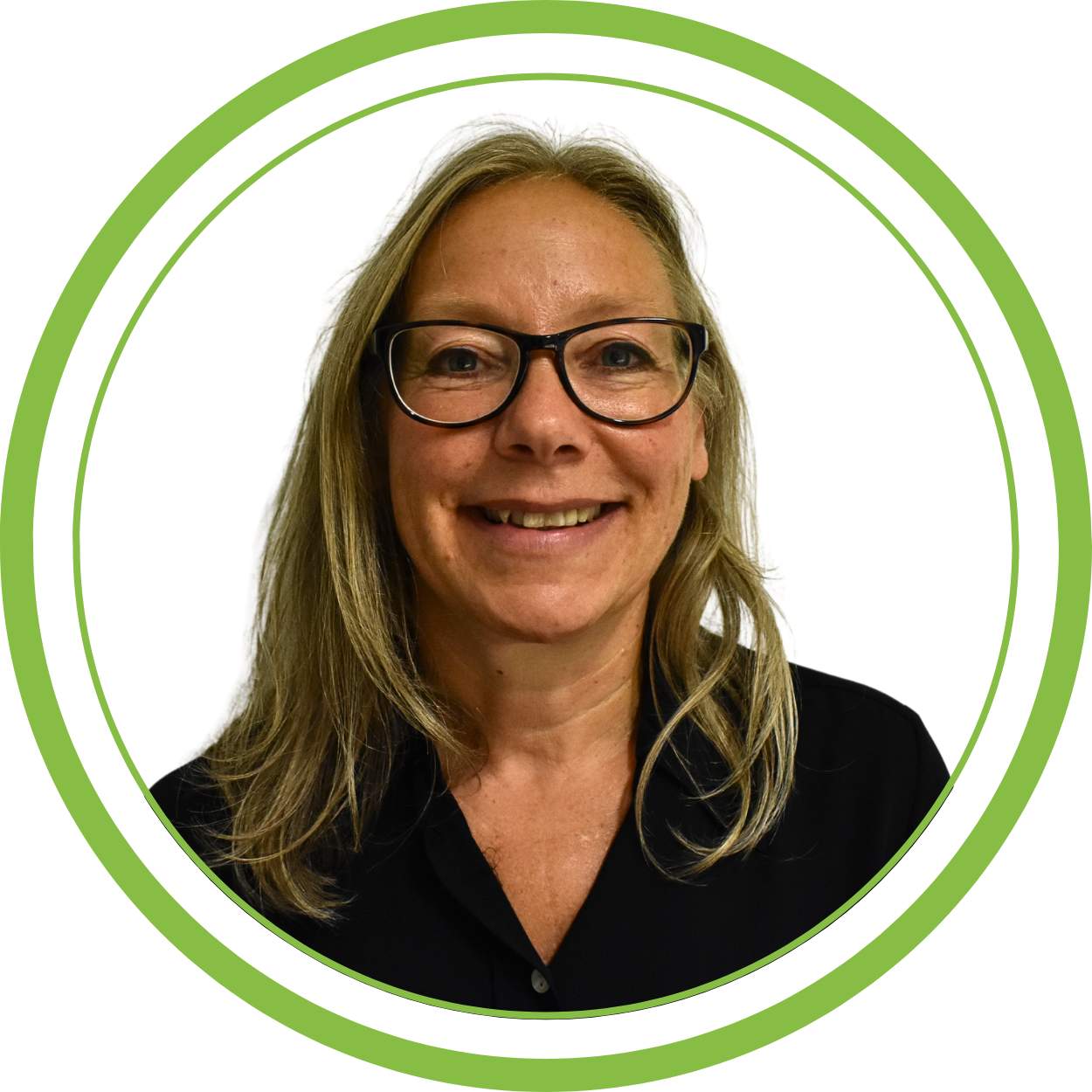 A picture of Laura, one of our trainers in a green circular frame.