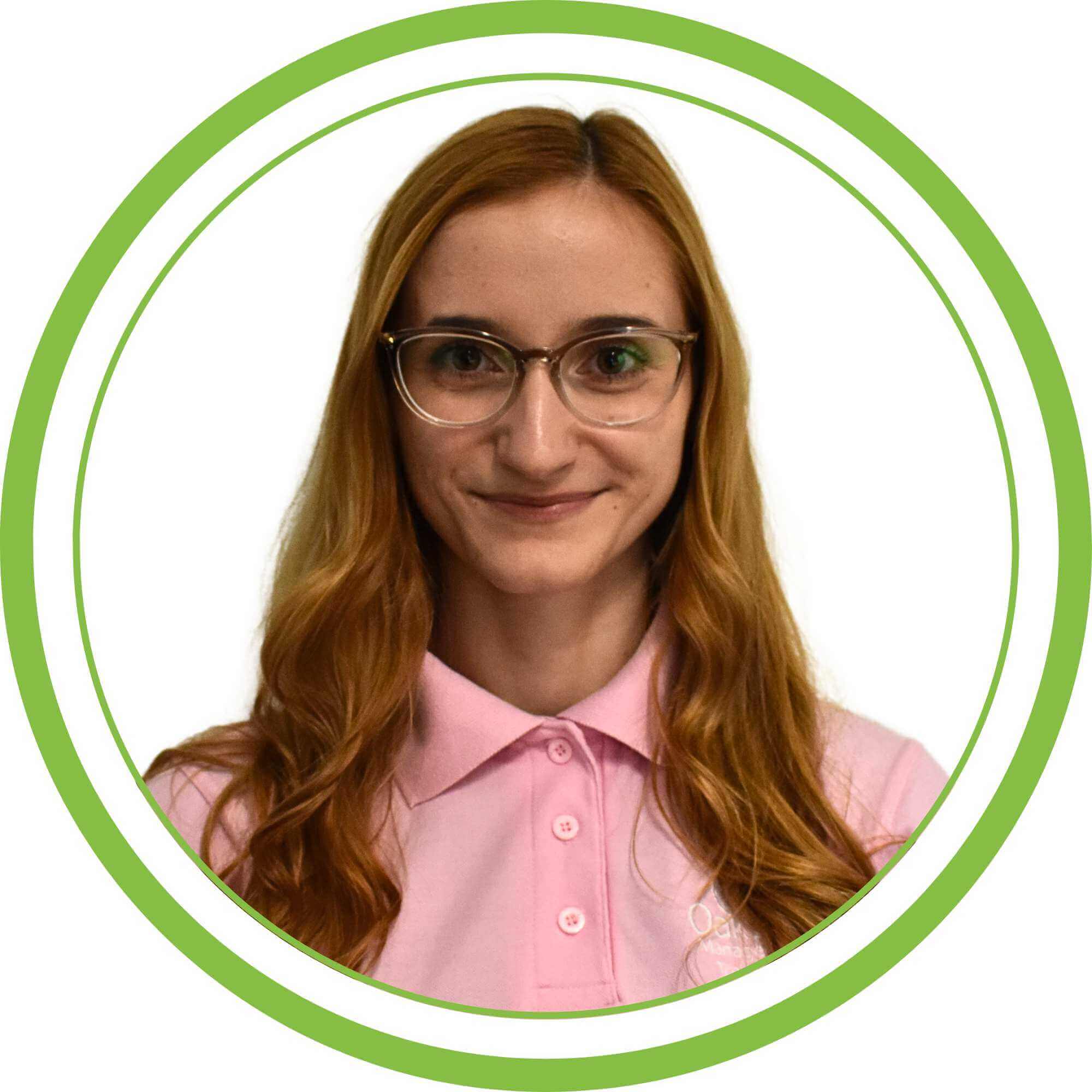Natalia, health and safety administrator. With a white background and green circular frame.